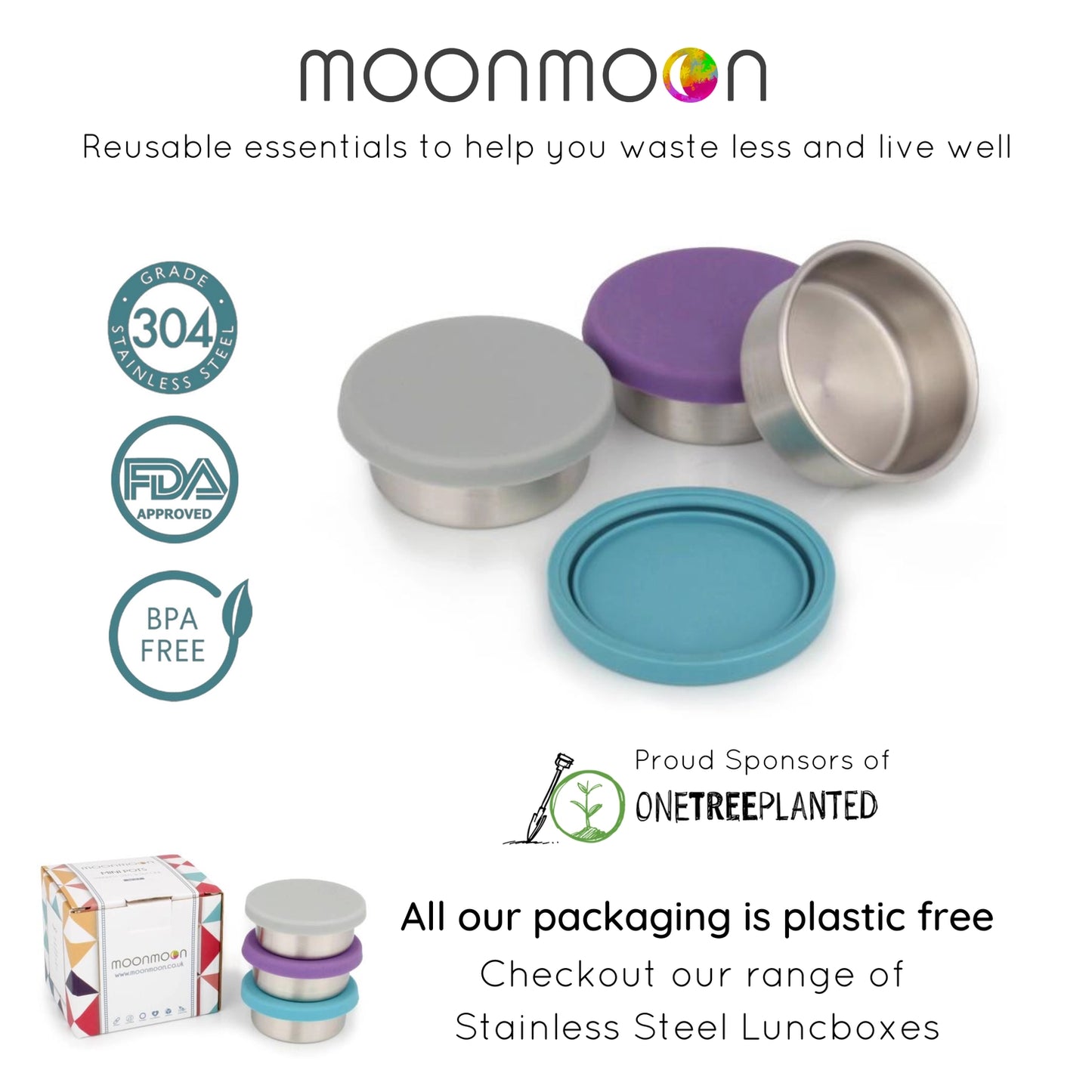 moonmoon små runde stainless steel bokser med silikon lokk