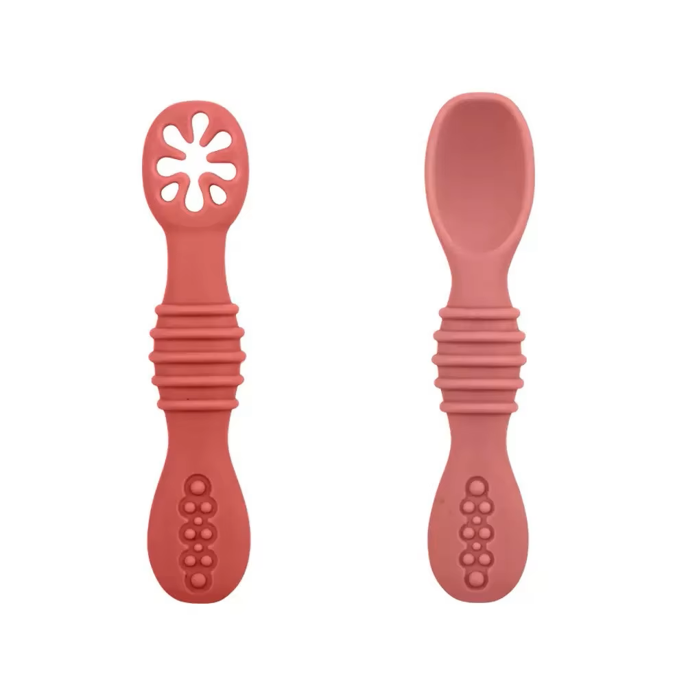 Silikon bestikk for baby mørk rosa - lær å spise selv! 2pk