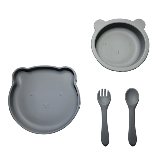 Bjørne spisesett pakke i silikon, grå - gavepakke