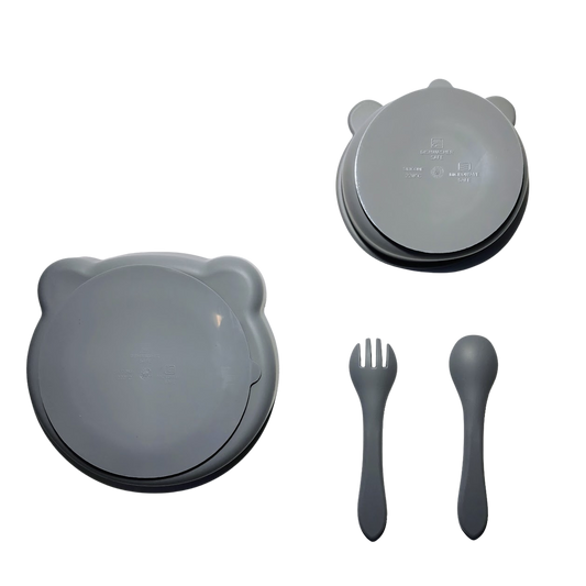 Bjørne spisesett pakke i silikon, grå - gavepakke