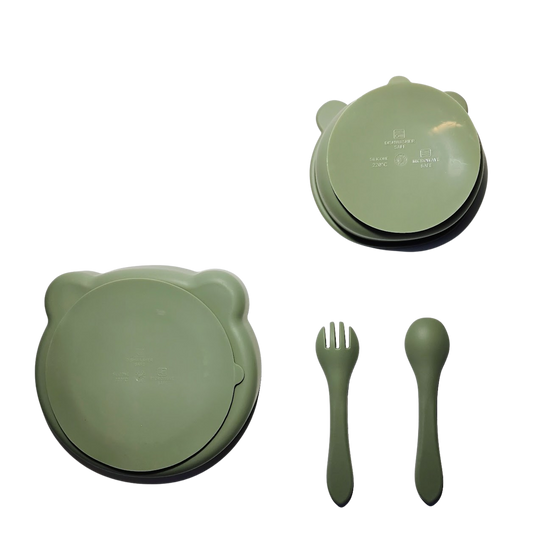 Bjørne spisesett pakke i silikon, grønn - gavepakke