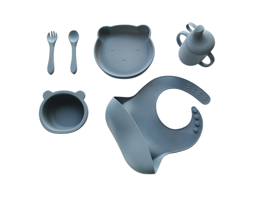 Bjørne spisesett pakke i silikon, grå - gavepakke