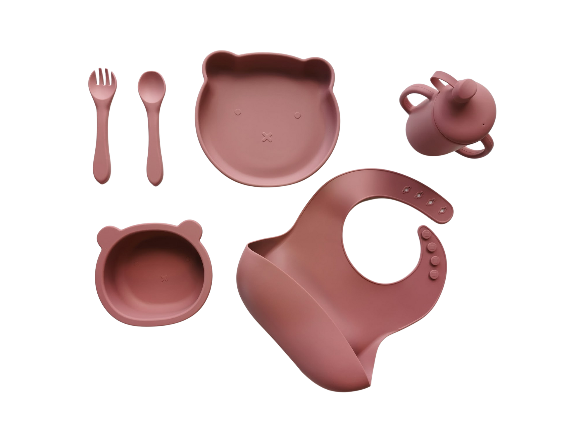 Bjørne spisesett pakke i silikon, mørk rosa - gavepakke