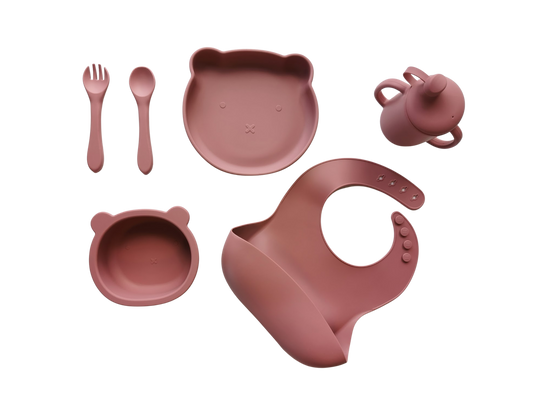Bjørne spisesett pakke i silikon, mørk rosa - gavepakke