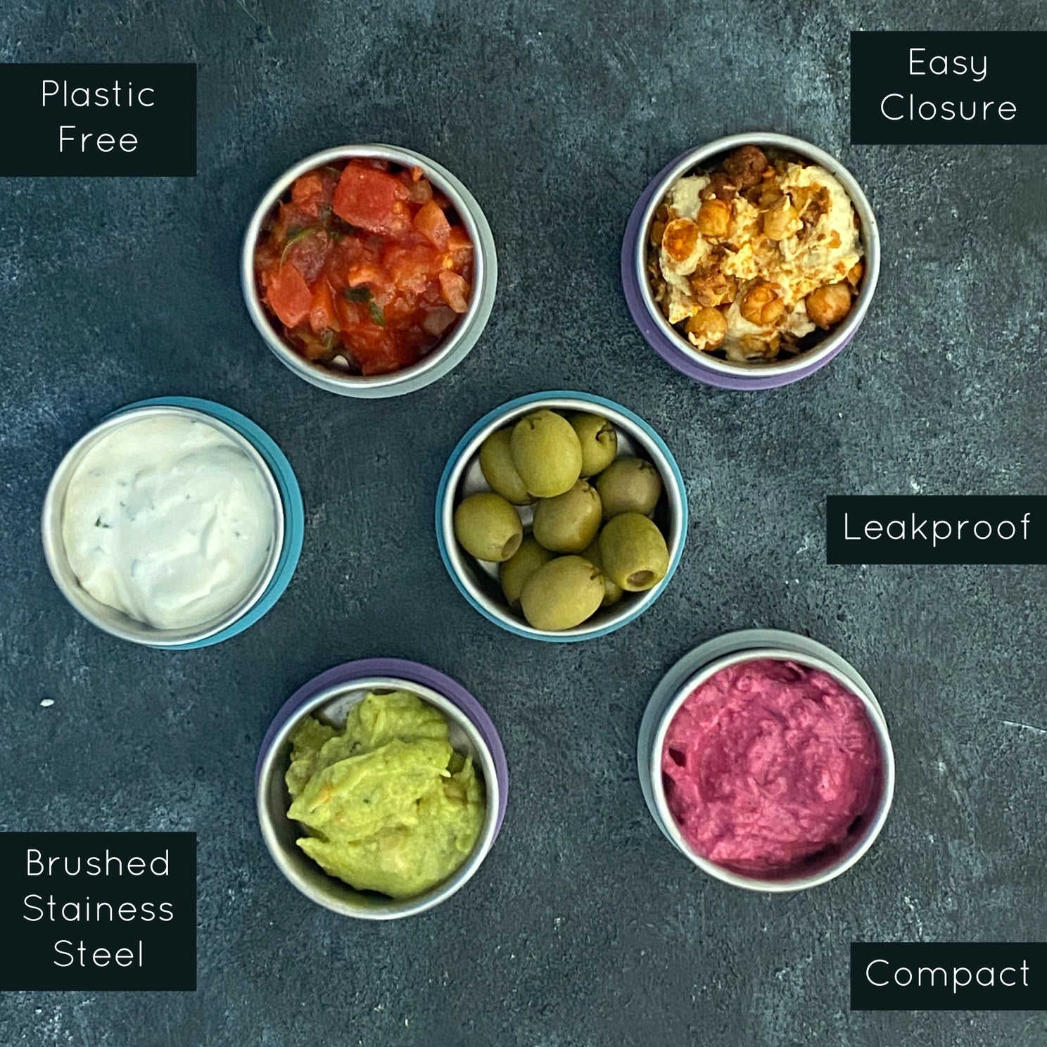 Rustfritt stål runde bokser til dressing, saus, nøtter.